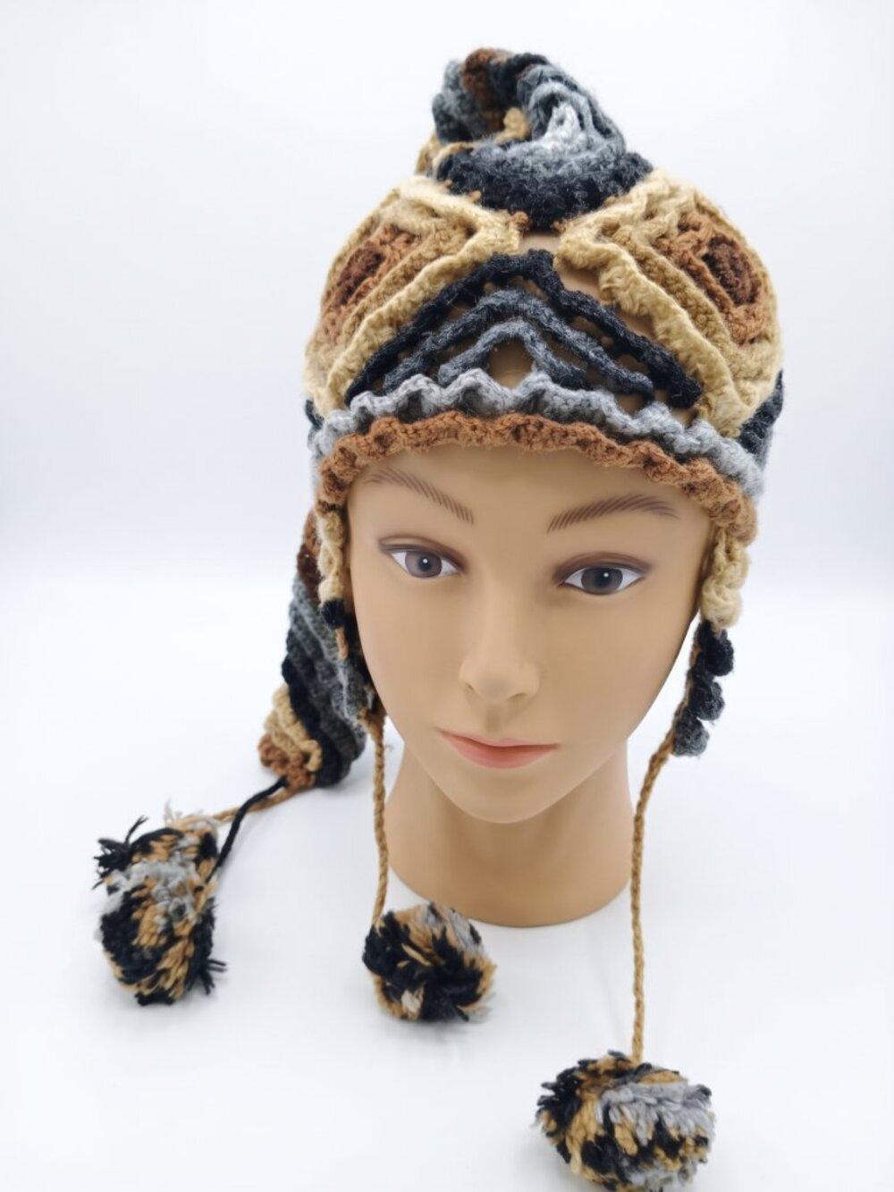 Hand-Knitted Alpaca Wool Chullo with Geometric Designs and Pom-poms